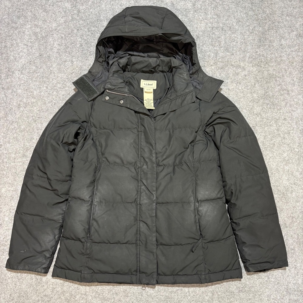 LL Bean Womens Black Down Puffer Jacket Removable Hood Parka 234009 XS Regular